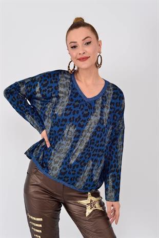 817171 Sim Detay Leopar Desen Vyaka Triko Bluz