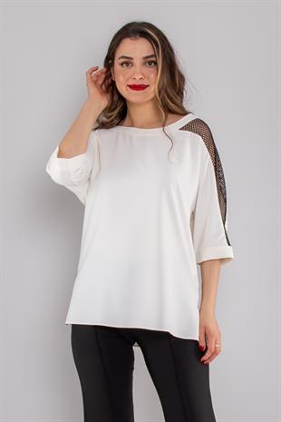 81831 Tek Omuz Taşlı File Detay Şifon Bluz
