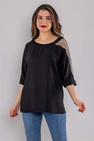 81831 Tek Omuz Taşlı File Detay Şifon Bluz