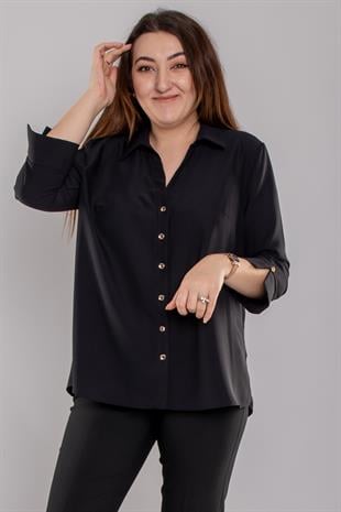 81834 Büyük Beden Truvakar Kol Kruvaze Yaka Düğmeli Krep BLuz