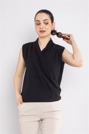 81856 Kruvaze Yaka Dökümlü Kolsuz Şifon Bluz