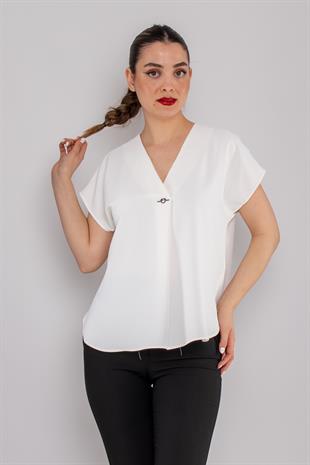 81908 Vyaka Broşlu Kısa Kol Krep Şifon Bluz