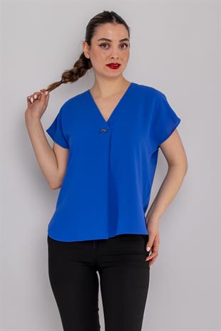 81908 Vyaka Broşlu Kısa Kol Krep Şifon Bluz