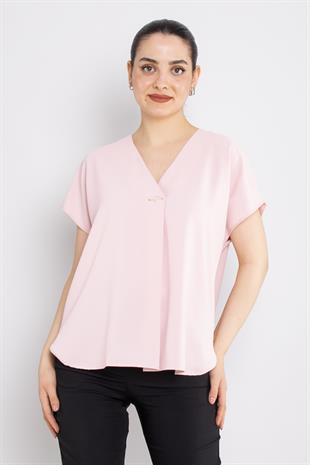 81908 Vyaka Broşlu Kısa Kol Krep Şifon Bluz