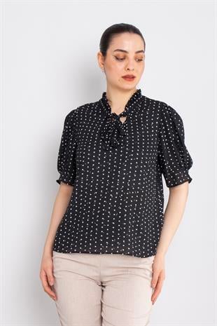 81974 Yaka Bağlamalı Simli Puanlı Şifon Bluz