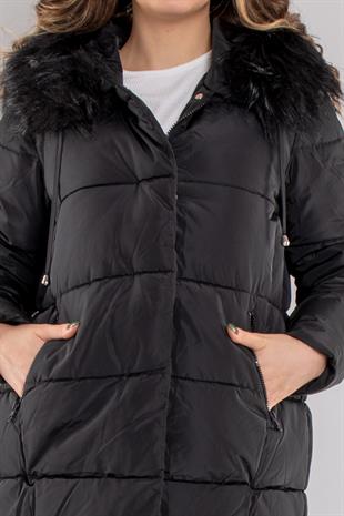 8208 Kapüşonu Kürklü Çıtçıtlı Şişme Mont