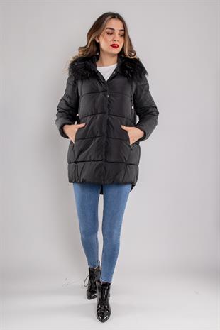 8208 Kapüşonu Kürklü Çıtçıtlı Şişme Mont