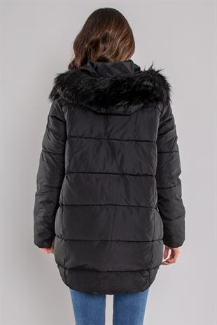 8208 Kapüşonu Kürklü Çıtçıtlı Şişme Mont