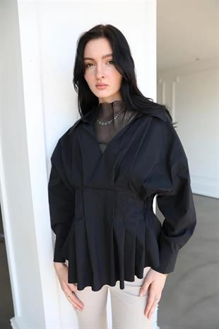82242 File Detay Belden Pileli Pamuk Bluz