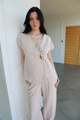 82294-71429 Kruvaze Yaka Tokalı Bluz Modal Bol Paça Pantolon Takım