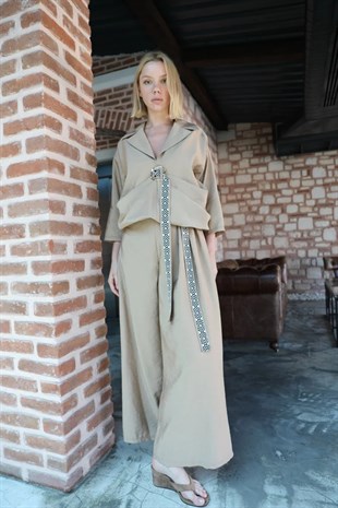 82312-71438 Önden Büzgü Broş Detay Bluz Bol Paça Pantolon Takım