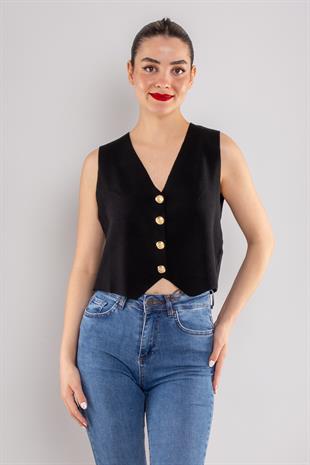844 Gold Düğmeli Kısa Crop Triko Yelek