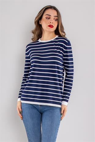 845 Bisiklet Yaka Çizgili Uzun Kol Merserize Triko