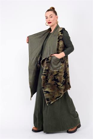 84700 Leopar Desen İçi Kürklü Uzun Yelek