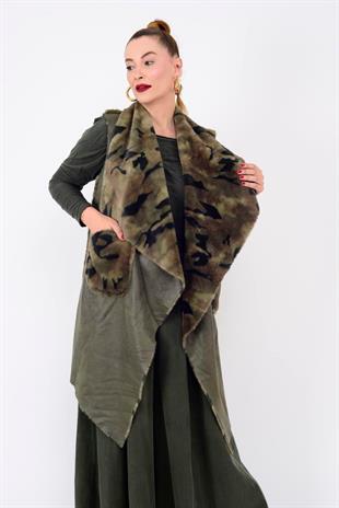 84700 Leopar Desen İçi Kürklü Uzun Yelek