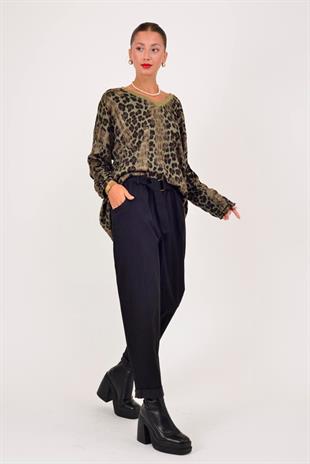 8600 Düz Desen Tokalı Kemerli Pantolon