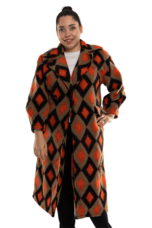 9005 Büyük Beden Baklava Desen Kadın Kaşe Kaban