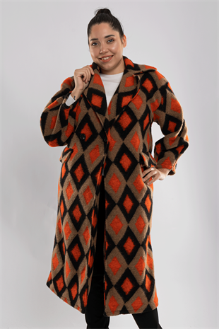 9005 Büyük Beden Baklava Desen Kadın Kaşe Kaban