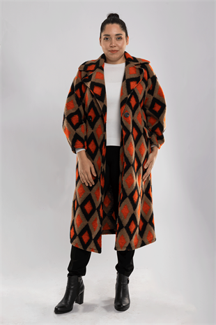 9005 Büyük Beden Baklava Desen Kadın Kaşe Kaban