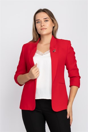 90179 Büyük Beden Kedi Broşlu Kadın Ceket