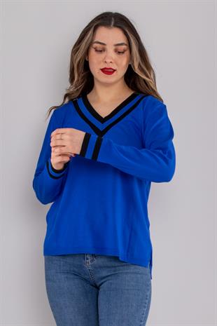 903 Vyaka İki Renkli Çizgili Kadın Triko Bluz