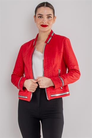 90456 Kendinden Desenli Fermuar Detay Nubuk Ceket