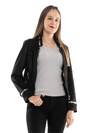 90456 Kendinden Desenli Fermuar Detay Nubuk Ceket