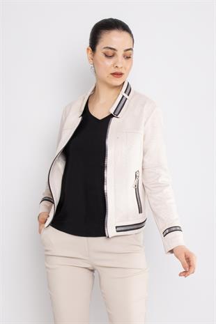 90456 Kendinden Desenli Fermuar Detay Nubuk Ceket