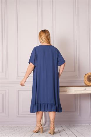 9051 Büyük Beden Robadan Büzgülü Yaka Nakışlı Kısa Kol Pamuk Otantik Elbise