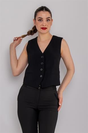 90589 4 Düğme Krep Kumaş Yelek