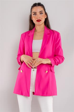 90648 Kol Büzgülü Düğme Detay Pamuk Uzun Kadın Ceket