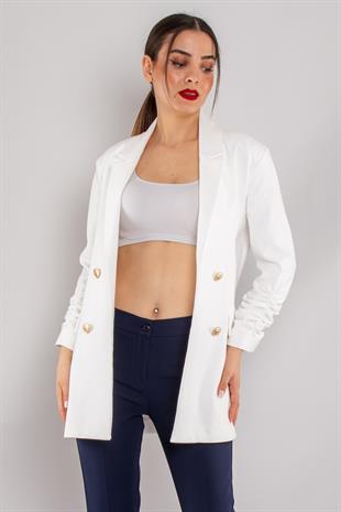 90648 Kol Büzgülü Düğme Detay Pamuk Uzun Kadın Ceket