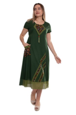 9068 Etnik Desen Kısa Kol Beli İpli Pamuk Otantik Elbise