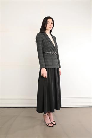 90805 Ekose Desen Kemerli Düğmeli Blazer Ceket