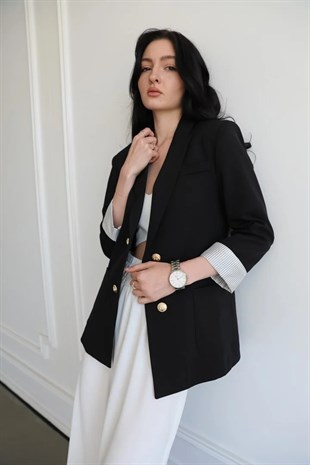 90872 Kol Çizgi Detay Gold Düğmeli Blazer Ceket