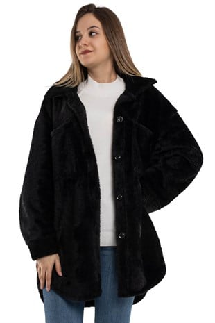 91121 Düğmeli Kısa Kadın Kürk Kaban