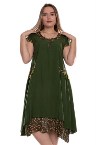 9115 Oya İşli Eteği Parçalı Katlı Kısa Kol Pamuk Otantik Elbise