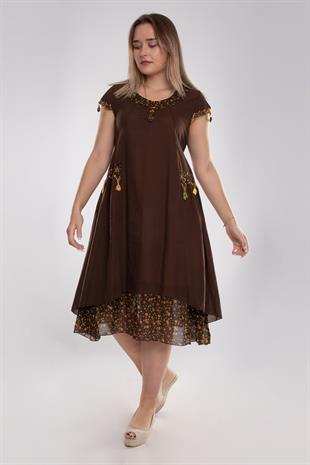 9115 Oya İşli Eteği Parçalı Katlı Kısa Kol Pamuk Otantik Elbise