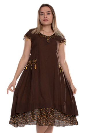 9115 Oya İşli Eteği Parçalı Katlı Kısa Kol Pamuk Otantik Elbise