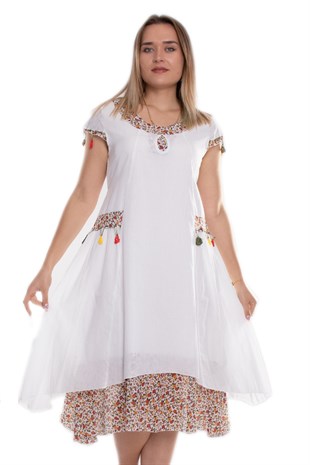 9115 Oya İşli Eteği Parçalı Katlı Kısa Kol Pamuk Otantik Elbise