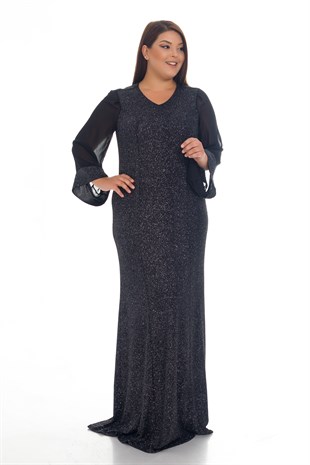 9125 BB Sim Kumaş Tül Kol Uzun Elbise