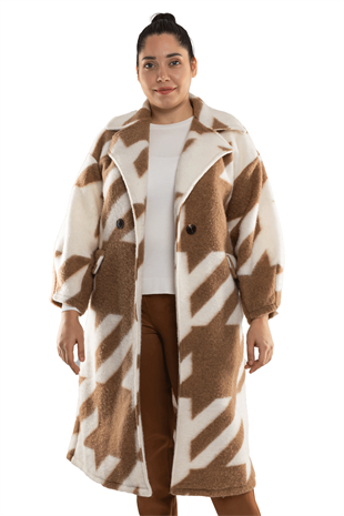 9137 Büyük Beden Kazayağı Desen Kadın Kaşe Kaban