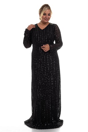 9138 BB Şerit Pulpayet Detay Uzun Elbise