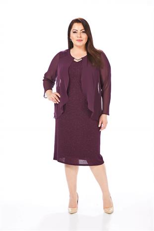 9161 Büyük Beden Tül Kol Detay Simli Kısa Elbise