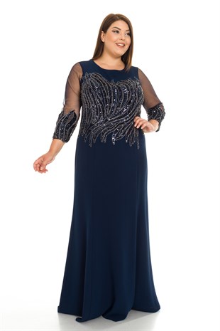 9170 TÜLKOLU ÖNÜ PULPAYET İŞLEME KREP UZUN ELBİSE