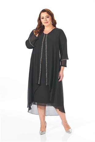 9175 Büyük Beden Şerit Taş Detay Önü Kapaklı Şifon Kısa Elbise