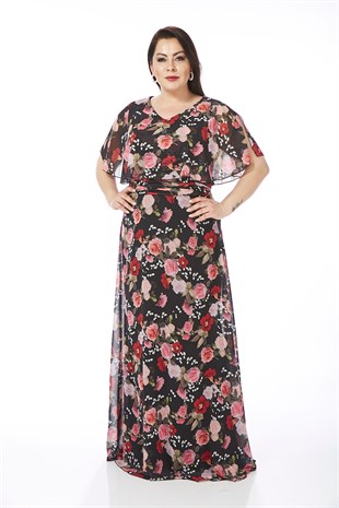 9258 BB Beli Büzgülü Çiçek Desen Uzun Şifon Elbise