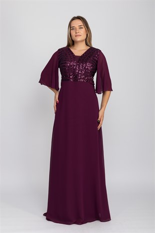 9302 Üzeri Şerit Payet İşleme Valon Tül Kol Şifon Büyük Beden Uzun Elbise