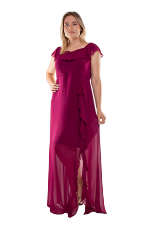 9305 BB Yakası Ve Önü Fırfır Detay Şifon Elbise