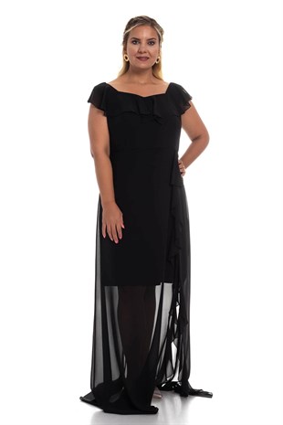 9305 BB Yakası Ve Önü Fırfır Detay Şifon Elbise